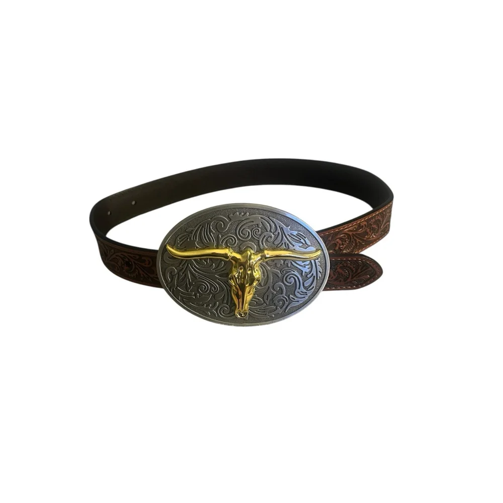 Western Belt Kids Waist 20-28 Embossed Leather Coffee Silver Gold
